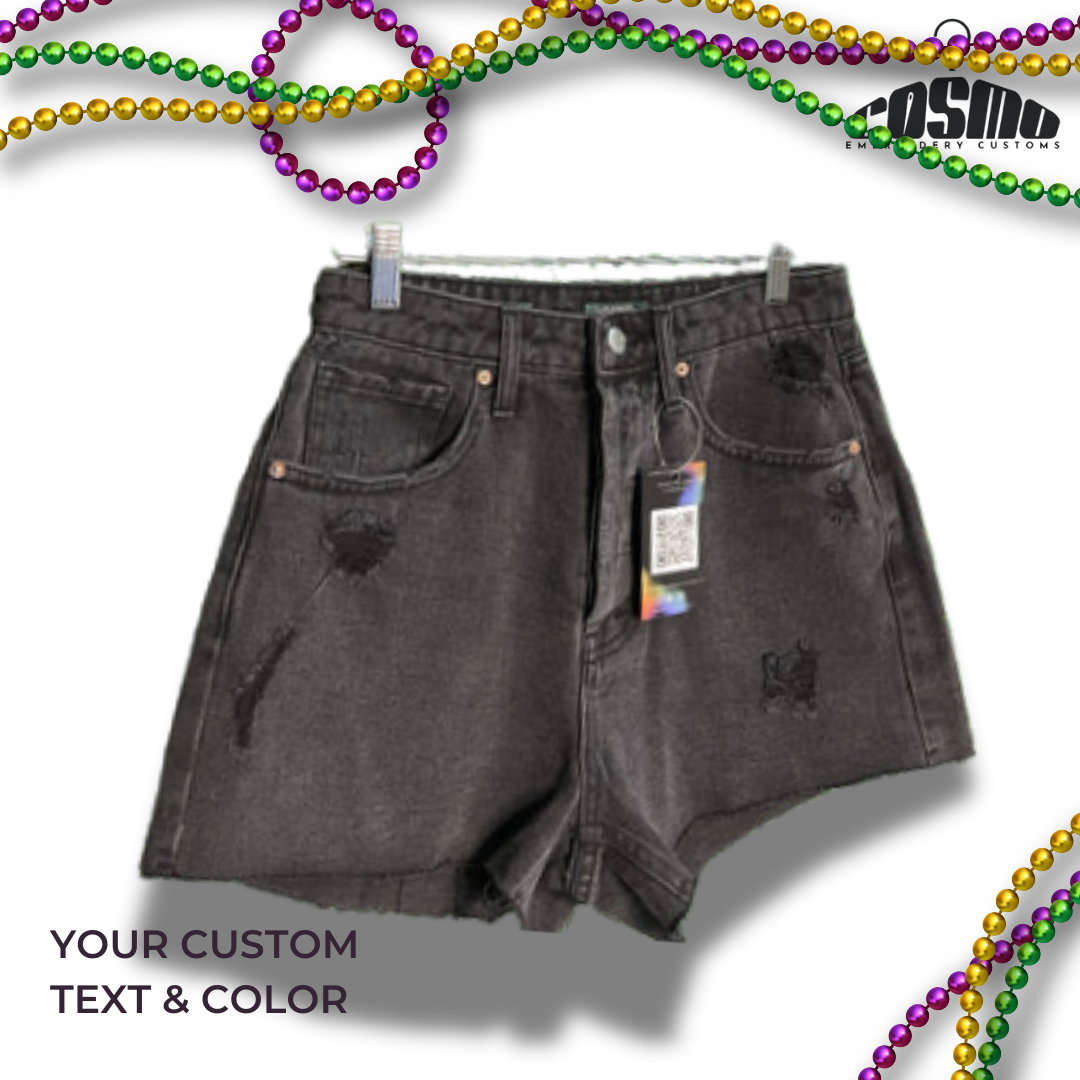 MARDI GRAS DENIM SHORTS - BLACK
